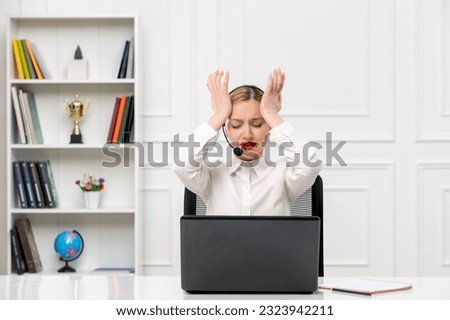customer service cute blonde girl in office shirt with headset computer annoyed holding temples