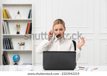 customer service cute blonde girl office shirt with headset and computer annoyed