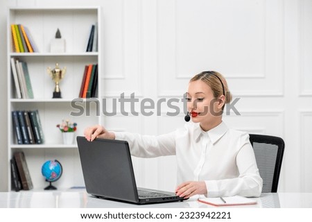 customer service cute blonde girl office shirt with headset and computer closing laptop