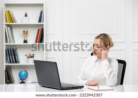 customer service cute blonde girl office shirt with headset and computer thinking