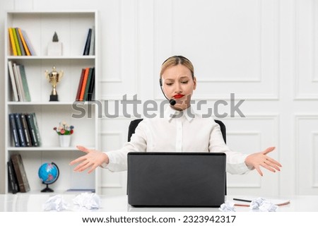customer service cute blonde girl office shirt with headset and computer waving hands not happy