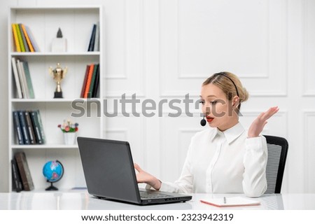 customer service cute blonde girl office shirt with headset and computer waving hands surprisingly