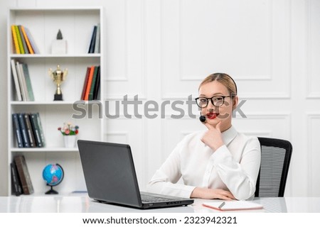customer service cute blonde girl office shirt with headset and computer wearing glasses