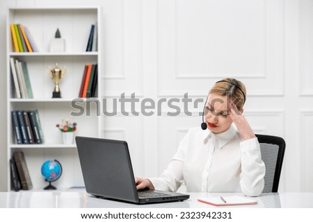 customer service cute blonde girl office shirt with headset and computer touching head tired