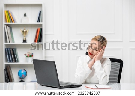 customer service cute blonde girl office shirt with headset and computer tired making sleep sign
