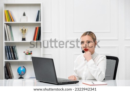 customer service cute blonde girl office shirt with headset and computer thinking and hand on chin