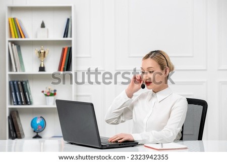 customer service cute blonde girl office shirt with headset and computer talking and working