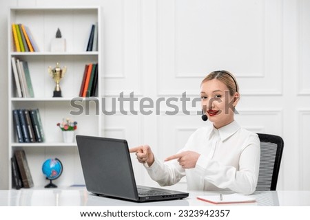 customer service cute blonde girl office shirt with headset and computer smiling cutely
