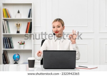 customer service cute blonde girl office shirt with headset and computer showing ok sign