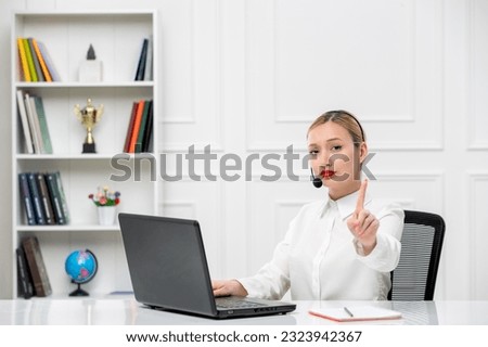 customer service cute blonde girl office shirt with headset and computer showing stop gesture