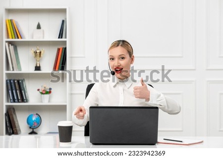 customer service cute blonde girl office shirt with headset and computer showing good gesture