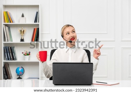 customer service cute blonde girl office shirt with headset and computer looking up and smiling