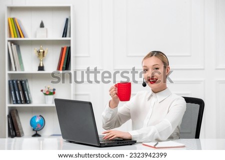 customer service cute blonde girl office shirt with headset and computer holding red cup