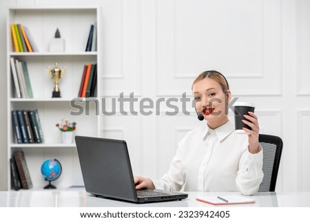 customer service cute blonde girl office shirt with headset and computer holding paper cup