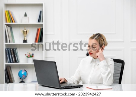 customer service cute blonde girl office shirt with headset and computer confused touching temples
