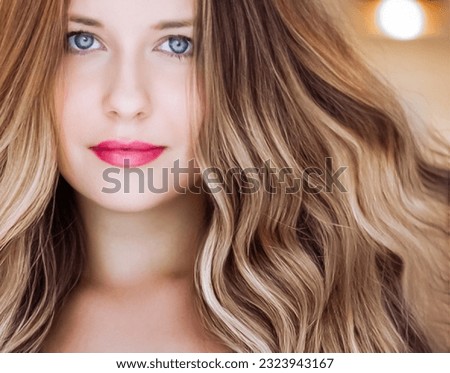 Hairstyle model and beauty face closeup. Beautiful blonde woman with long straight blond hair styled in curly waves, classic glamour style and luxury fashion portrait.
