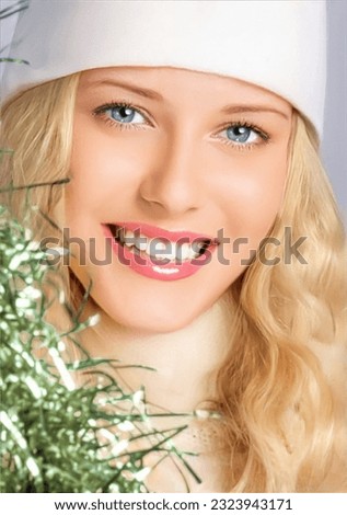 Merry Christmas, Happy Holidays, and a woman wearing a white benny hat for celebration, beauty, and style. A picture of a pretty blonde girl smiling and having a good time over the Christmas, New Year