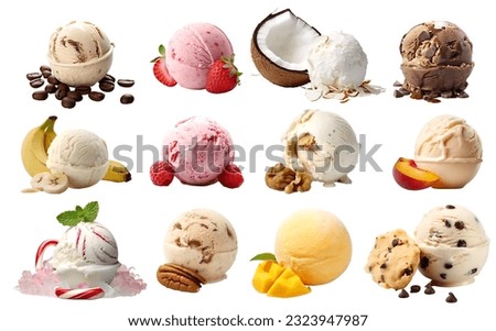 Ice cream scoop ball with fruits toppings on white background cutout. Many assorted different flavour Mockup template for artwork design.
