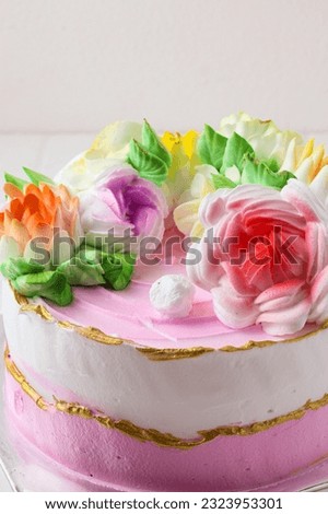 Homemade birthday cake with colorful flower decoration. perfect for recipe, article, or any cooking contents. with copy space. 