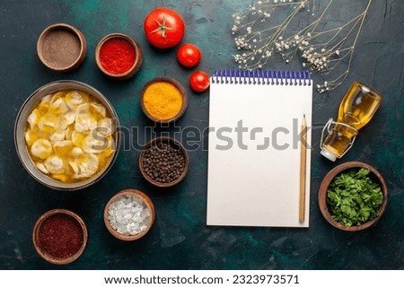 top view dough soup with different seasonings on dark-blue background ingredient soup food meal dough dish dinner sauce
