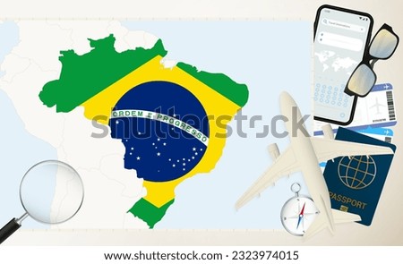 Brazil map and flag, cargo plane on the detailed map of Brazil with flag, passport, magnifying glass and airplane. Vector template.