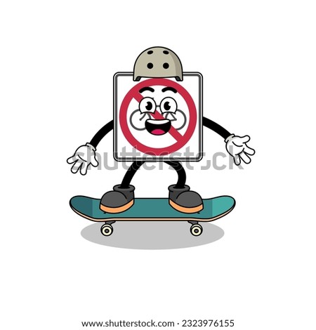 no bicycles road sign mascot playing a skateboard , character design