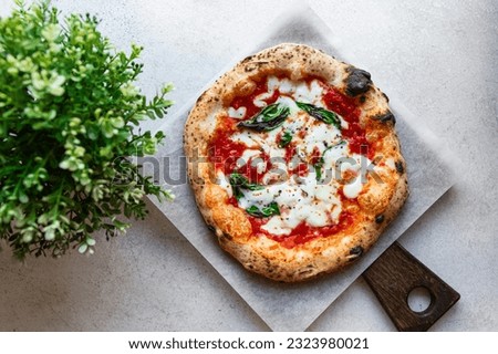 Neapolitan pizza Margarita with tomato sauce, mozzarella and basil cooked in the stone oven on a white background
