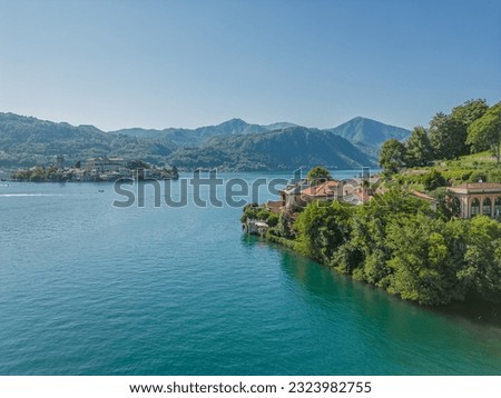 Aerial view Lake Orta. Italy, Orta San Giulio, Piedmont. Romantic lake in italy. 