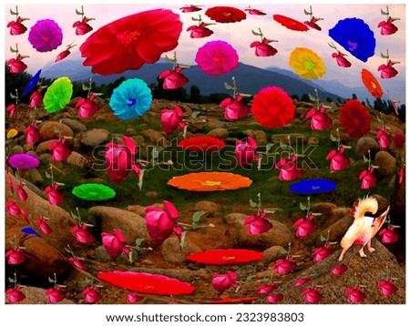 Rain of multicolor different flowers and a dog is seeing it amazingly is an isolated abstract design great for textile and fabric ,decoration ,christmas ,valentine ,book cover website and print use