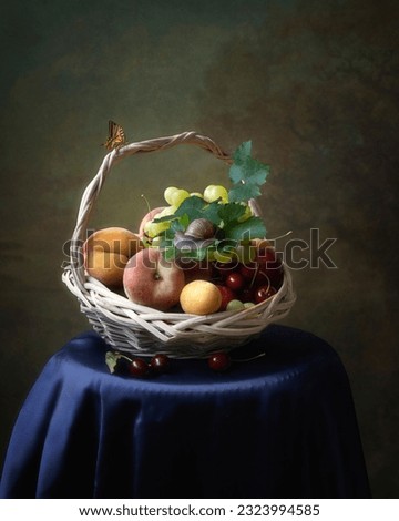 Still life with fruits, butterfly and snail