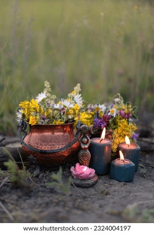 wiccan Goddess Candlestick, Copper witch cauldron with flowers, magic candles on meadow, abstract natural background. herb lore, occult. esoteric ritual, witchcraft, spiritual practice. copy space Royalty-Free Stock Photo #2324004197