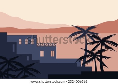Vector image of houses on the background of nature.