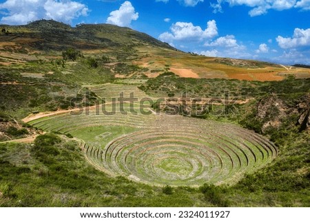 Moray Inca terraces, a popular archeological site in Sacred Valley, Cusco, Peru Royalty-Free Stock Photo #2324011927