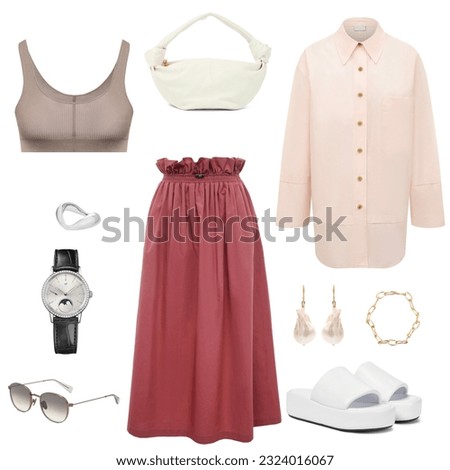mood board fashion clothes, outfit, clothes collage, set of fashionable clothes and accessories, flat lay, women's trendy fashion clothes collage on white Royalty-Free Stock Photo #2324016067