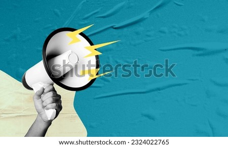 Contemporary art collage. Human hand-holding megaphones and spreading fake news. Concept of information, creativity, social issues, rumors. Copy space for ad Royalty-Free Stock Photo #2324022765