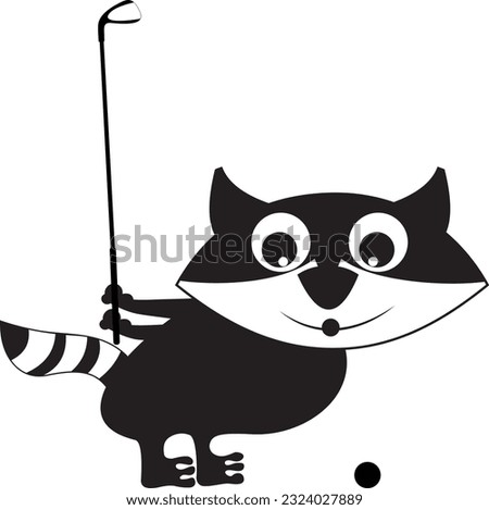 Cute raccoon playing golf course. 
Cartoon raccoon with a golf club trying to do a good shot. Black and white
