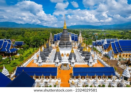 Top-view aerial photo from the drone of Wat Ban Den temple or Wat Den Sa Lee Sri Muang Gan at Chiang Mai, Thailand Royalty-Free Stock Photo #2324029581