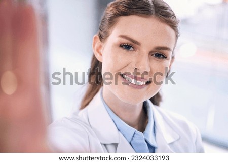 Happy woman, doctor and portrait in selfie for picture, memory or photo of doctor at hospital. Female person, medical or healthcare professional smile with teeth for vlog, dental care and wellness