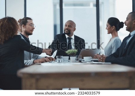 Business meeting, shaking hands people or manager partnership, lawyer agreement and thank you, success or deal. Corporate woman, clients or employees handshake for thanks, negotiation and law firm Royalty-Free Stock Photo #2324033579