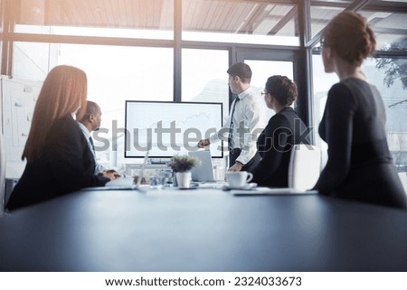 Presentation, proposal and team in a meeting for a report or corporate workshop for sales in a startup company. Board, manager and business man or speaker talking about growth or development strategy
