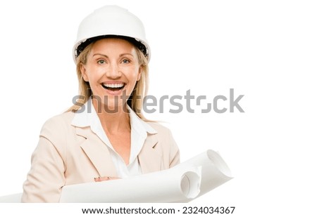 Happy woman, architect and portrait with blueprint documents in construction or architecture planning. Female person, contractor or engineer smile and floor plan isolated on a white studio background