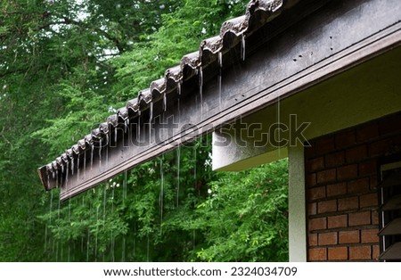 Low angle view of rain water flowing down from the eaves of a house with wooden fascia, bricks wall, full frame horizontal format. Royalty-Free Stock Photo #2324034709