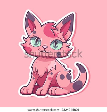 Vector So cute cat with big eyes Isolated sticker illustration Childish design print on t-shirt and etc funny happy kitten fairy tale cat sorceress anime style cool and trendy