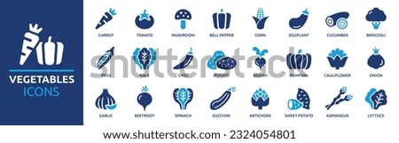 Vegetables icon set. Containing carrot, tomato, mushroom, broccoli, eggplant, corn, cucumber and lettuce icons. Solid icon collection. Vector illustration. Royalty-Free Stock Photo #2324054801