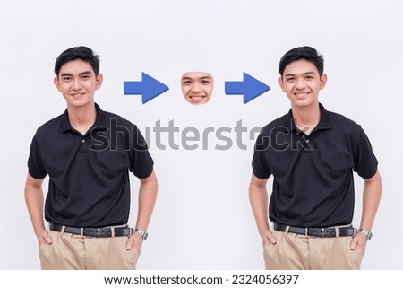 Example of AI Face swap or deepfake technology. Replacing a face in an image with that of another person seamlessly. Visualization of process.