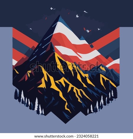 A detailed illustration, mountain splash,USA Flag, t-shirt graphic design