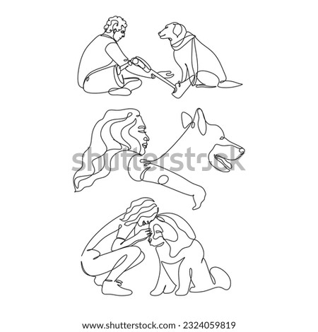 Vector line art illustration woman and dog hugs together. Friendship between human and dog