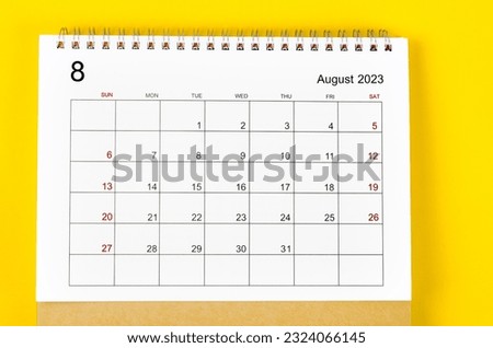 August 2023 Monthly desk calendar for 2023 year on yellow background. Royalty-Free Stock Photo #2324066145