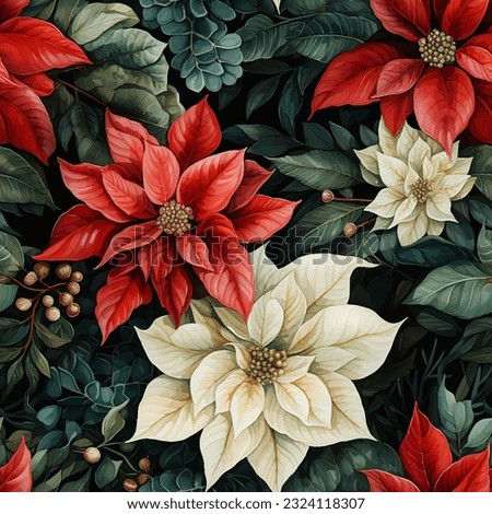 Seamless vector background with poinsettia flowers, vintage watercolor style.