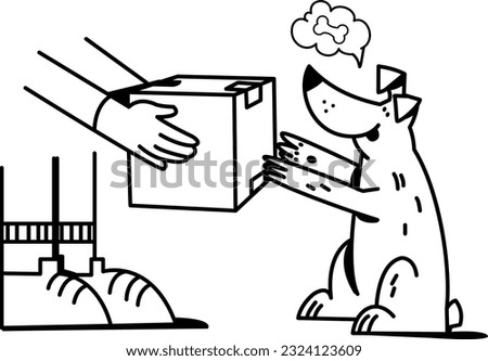 Line vector illustration. The dog receives a parcel from the courier
